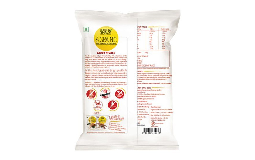 The Green Snack Co 6 Grain Stix, Tangy Pickle    Pack  25 grams